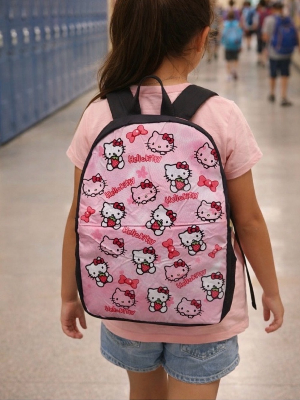 Back to School Hello Kitty Pink and Black Kids Backpack with Bow Print